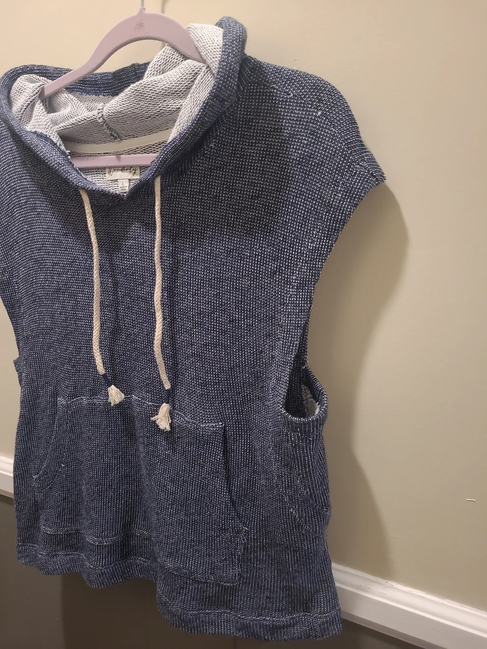 Wonderly Womens Large Slub Sleeveless Terry Hoodie Blue Kangaroo Pocket - Picture 2 of 10
